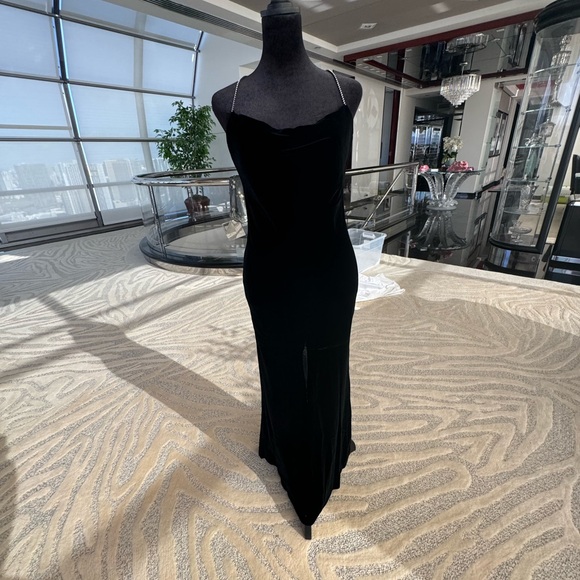 Dresses & Skirts - Vintage Chic Backless Black Dress with Rhinestone Detailing by hand